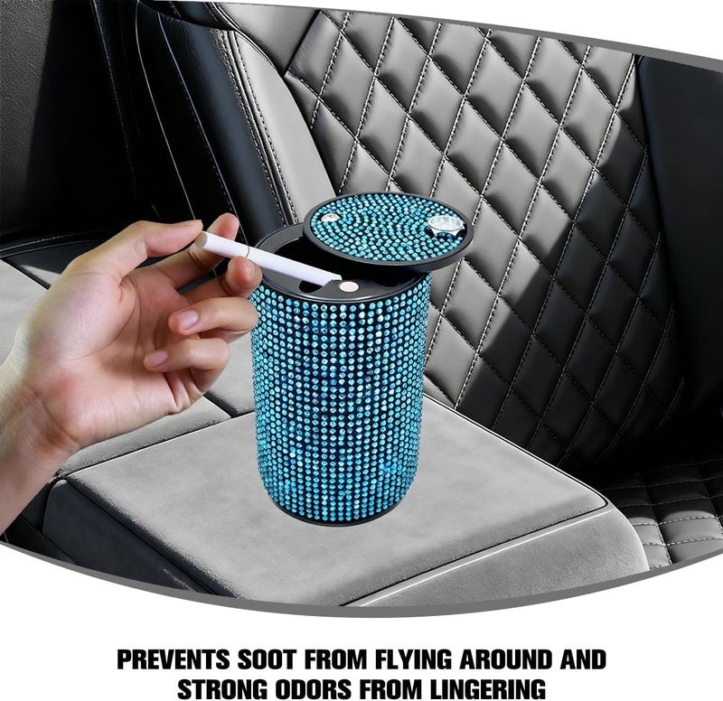 FALVFUN Bling Car Ashtray, Rhinestones Smokeless Smell Proof Vehicle Cup Holder Ash Tray with Lid, Sparkling Diamond Portable Automotive Interior Ashtray, Universal for SUV RV Truck (Light Blue) - Image 3